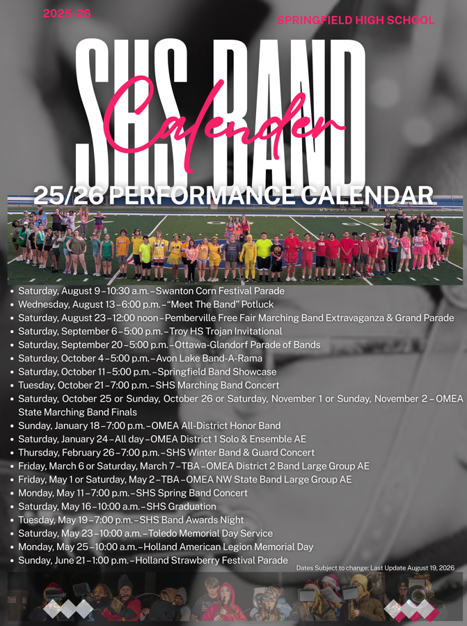 2025-26 Springfield High School Band Performance Calendar